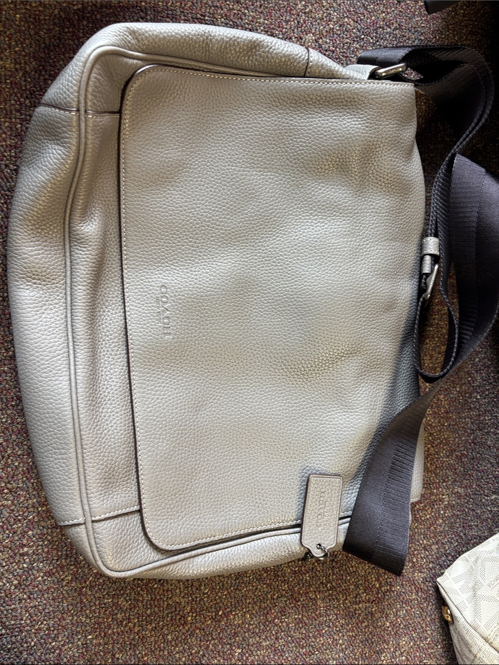 Coach Pebbled Leather Messenger Bag in Light Gray with Black Strap